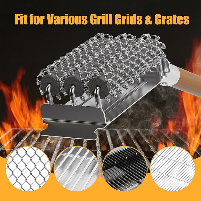 HOUSE AGAIN Grill Brush and Scraper Bristle Free with 3 Replacement Head 304 Stainless Steel Food-Grade Grill Accessories, Safe BBQ Cleaner Brush Strong Barbecue Cleaning Brush for Outdoor Grill Grate