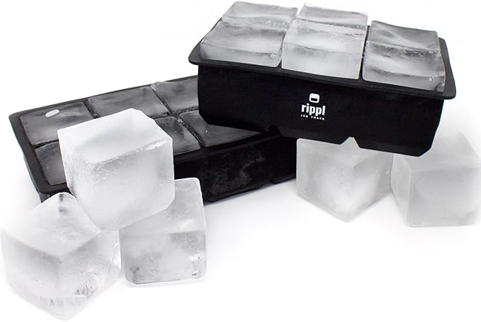 Rippl Ice Cube Tray - Silicone Ice Cube Tray - Ice Cube Tray with Large 6 Cavity Silicone Mold - Will Make Big Ice Cubes For Whiskey - Set of (2) in Black