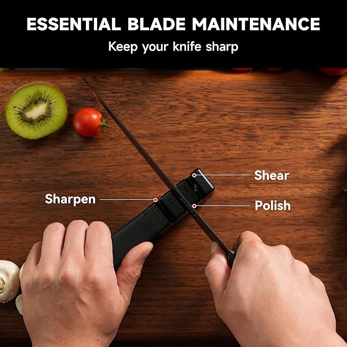OOU Knife Set with Block and Sharpener, 6 Pcs High Carbon German Steel Kitchen Knife Block Set with Universal Knife Holder, Dishwasher Safe Knife Set for Small Kitchen, Space-Saving, Anti-Rust