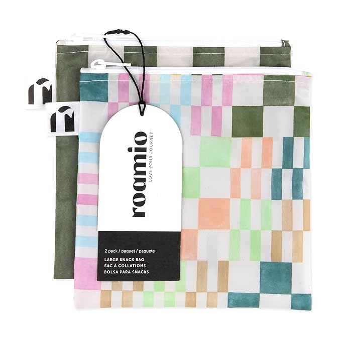 Roamio Reusable Sandwich and Snack Bags, for Kids School Lunch and for Adults Portion, Washable Fabric, Waterproof Cloth Zip Bag, Pack Travel Pouch, Food-Safe, Large 2-pk Green Stripe and Multi Check