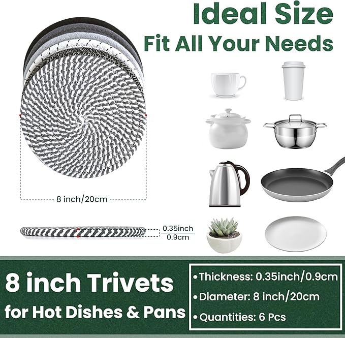 8 Inch Trivets for Hot Dishes, Hot Pots and Pans, Thick Heat Resistant Large Coaster for Kitchen, Hot Pads, Kitchen Essentials, Kitchen Decor for Table & Countertop, 6 Pcs