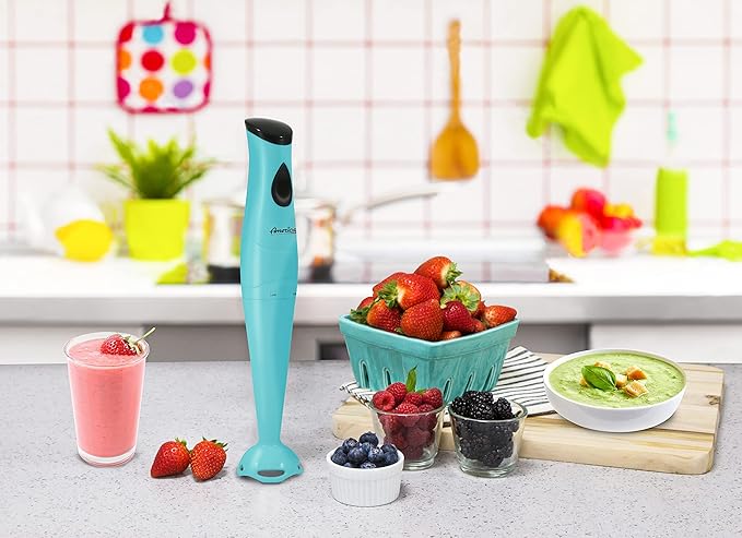 Elite Gourmet EHB-2425BL Aqua Electric Immersion Hand Blender, 150 Watts, For Soups, Sauces, Baby Food, Blue