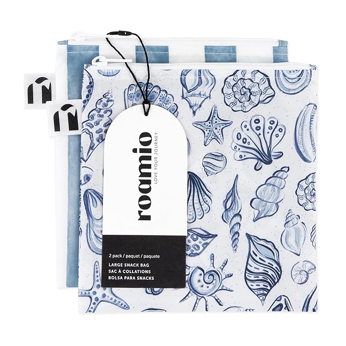 Roamio Reusable Sandwich and Snack Bags, for Kids School Lunch and for Adults Portion, Washable Fabric, Waterproof Cloth Zip Bag, Travel Pouch, Food-Safe, Large 2-pk Nautical Stripe and Blue Shells