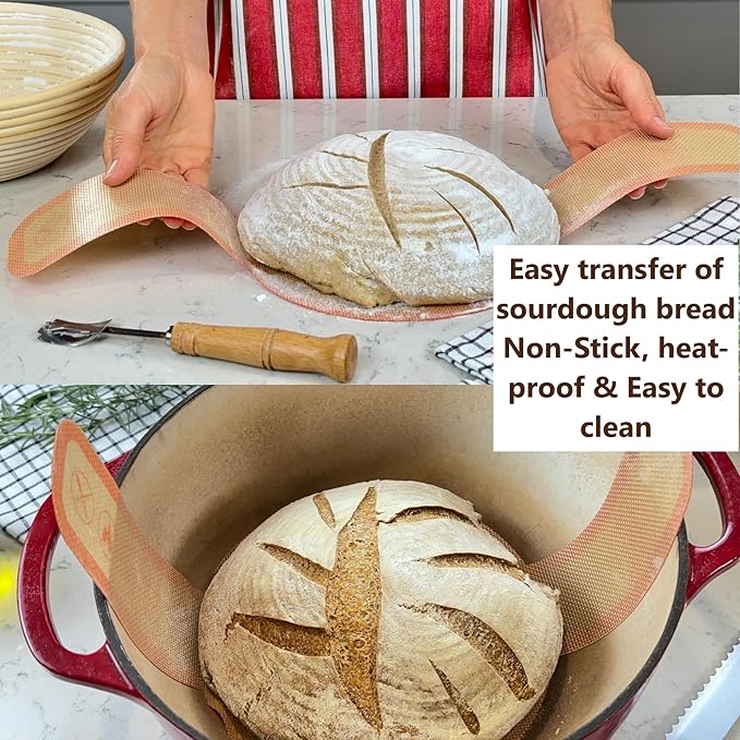 Banneton Bread Proofing Basket Set - 9 Inch round sourdough proofing basket with Silicone Bread Sling, Dough Scrapers, Bread lame, Dough Whisk and a Cleaning Brush