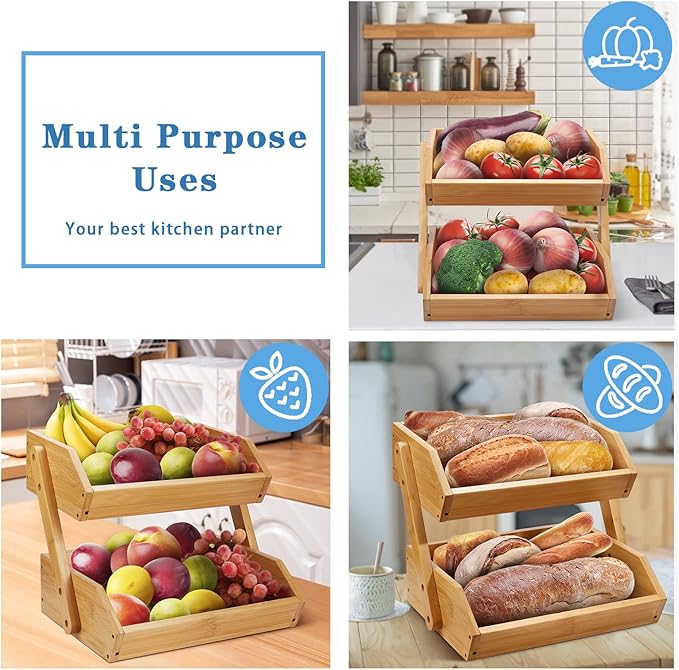 2 Tier Fruit Basket For Kitchen- Bamboo Fruit and Vegetable Storage Bowl Stand For Kitchen Countertop, , Produce Basket Fruit Holder for Potato, Onion, Bread, Snack Storage