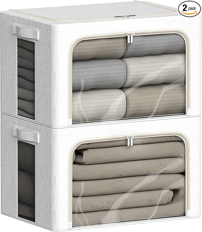 FHSQX 2 Pack Clear Window Storage Bins - Large Stackable Linen Fabric Storage for Clothes Foldable Container Organizer Set with Carrying Handles (Lvory White, 15.7x 11.8x 11.7 Inch)