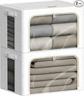 FHSQX 2 Pack Clear Window Storage Bins Large Stackable Linen Fabric Storage for Clothes Foldable Container Organizer Set with Carrying Handles (Lvory White, 15.7x 11.8x 7.8Inch)