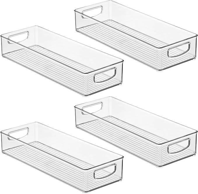 iDesign Slim Extra Long Clear Storage Bin, Narrow Stackable Organizer for Kitchen or Pantry, 4-Pack