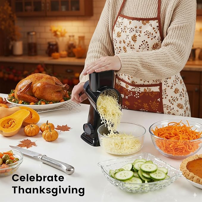 HANSGO Rotary Cheese Grater Hand Crank, Shredder Slicer Grinder, 3 Large Diameter Metal Blades & Cleaning Brush, Non-slip Suction Base, Labor-Saving Handle, Kitchen Gadgets for Cheese, Vegetable, Nuts