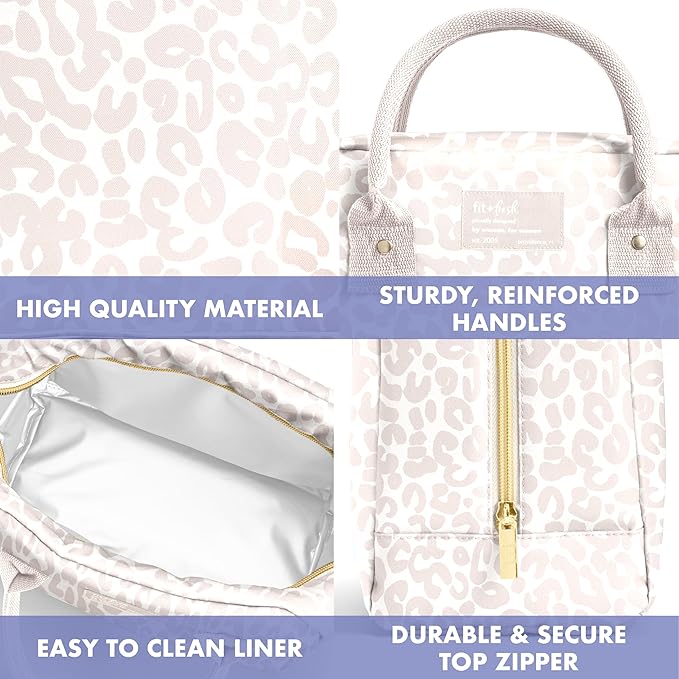 Fit & Fresh Lunch Bag For Women, Insulated Womens Lunch Bag For Work, Leakproof & Stain-Resistant Large Lunch Box For Women With Containers, Zipper Closure Bloomington Lunch Bag, Feline Fine Ivory
