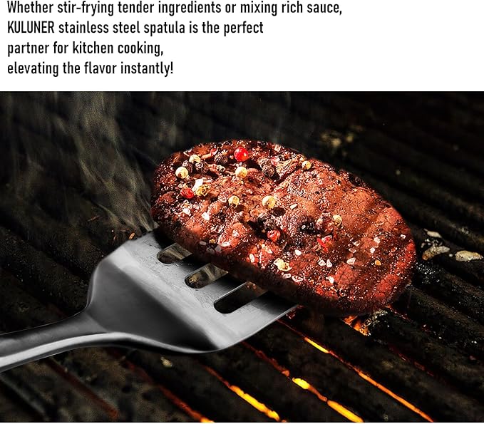 KULUNER Professional Grade Stainless Steel Cooking Spatula - 17 Inches, Sturdy and Durable, Premium Solid Wood Handle, with Bottle Opener, Suitable for Barbecue, Outdoor Kitchens, and Grilling Food