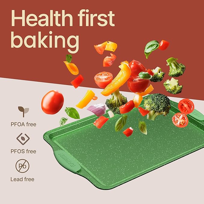 BAKKEN Kitchen Baking Pan Set - Nonstick Green Marble Coating, Carbon Steel Bakeware Sets with Green Silicone Handles, Kitchen Essentials, PFOA, PFOS, PTFE Free, Oven Safe (Up To 450° F), Set of 3