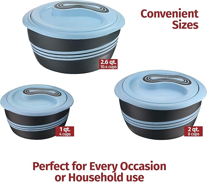 Pinnacle Insulated Casserole Dish with Lid 3 pc. Set 2.6/2/1 qt. Hot Pot Food Warmer/Cooler –Thermal Soup/Salad Serving Bowl- Stainless Steel Hot Food Container–Best Gift Set for Moms –Holidays Blue