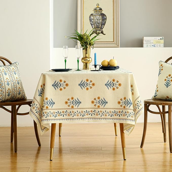 ISAENNE Designer French Pale Yellow Small Square Tablecloth,Linen Floral Table Cloth,Wrinkle Resistant Decor Tablecloths for Dining Thanksgiving Banquet Kitchen Party,55"*55"-Estevan A