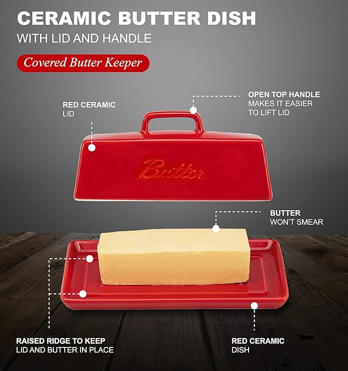 Bruntmor Ceramic Butter Dish With Lid. Butter Holder/ Tray/ Storage With Lid And Handle. Porcelain Butter Keeper For Countertop. Butter Dish With Cover in Red Color.