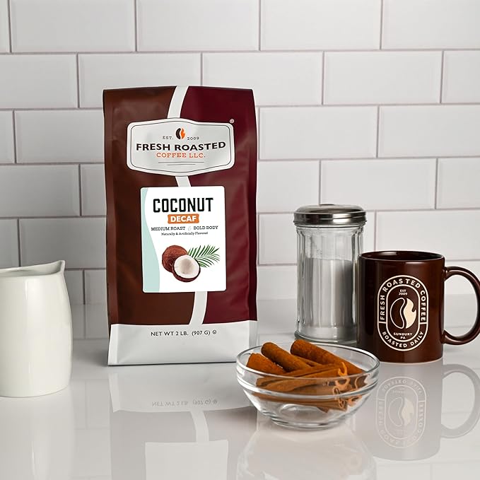 Fresh Roasted Coffee, Decaf Coconut Flavored Coffee, 2 lb (32 oz), Medium Roast, Kosher, Whole Bean