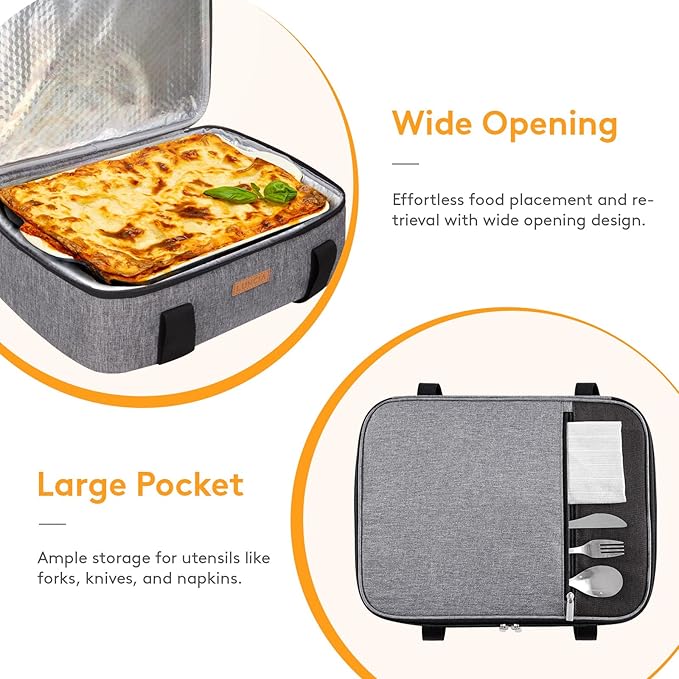 Lifewit Insulated Casserole Carrier for Hot or Cold Food, Lasagna Lugger Tote for Potluck Parties/Picnic/Cookouts, Fits 11"x15" Baking Dish, Grey