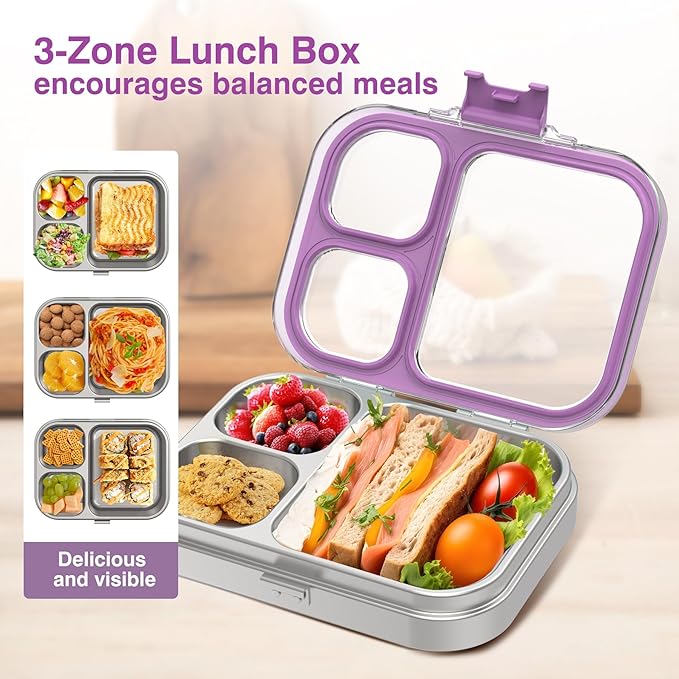 Stainless Steel Lunch Box: Metal Bento Box for Kids Adults - 3 Compartments Leak-Proof Lunch Box, Purple