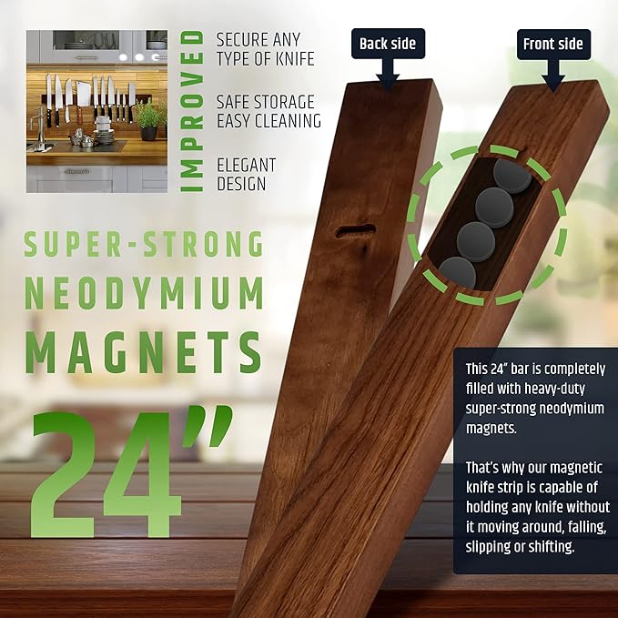 Premium 24 Inch (Large Size) Dark Walnut Wood Magnetic Knife Holder – Professional Wooden Magnetic Knife Strip - Space-Saving Knife Rack/Knife Bar With Powerful Magnetic Pull Force (Upgraded Version)