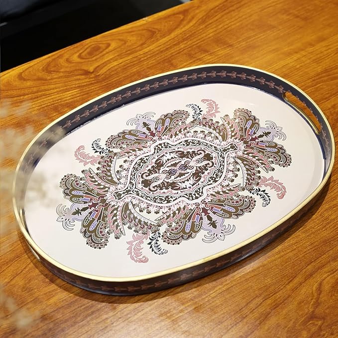 Oval Plastic Serving Tray with Handles, Elegant Decorative Tray for Coffee Table, Ottoman, Living Room, Kitchen, Outdoor Use. 10"*16"*1.4" B