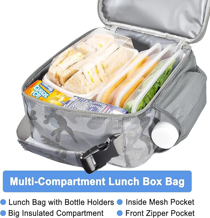 Insulated Lunch Bag, Leakproof Portable Lunch Box for Women Men Boys Girls, Large Capacity Cooler Bag for Office School Camping Hiking Outdoor Beach Picnic (Camo Grey)