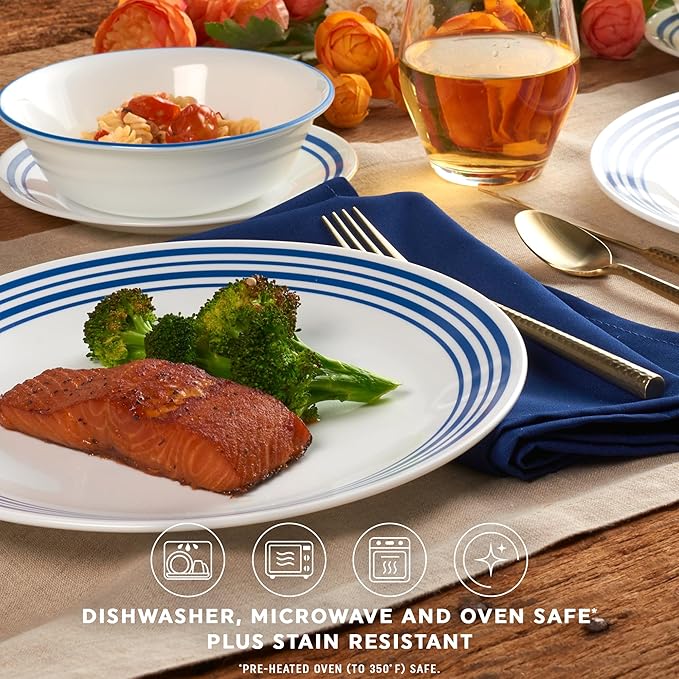 Corelle Vitrelle 18 Piece Glass Dinnerware Sets Service for 6, Triple Layer Chip & Crack Resistant Glass Plate and Bowl Sets, Laila