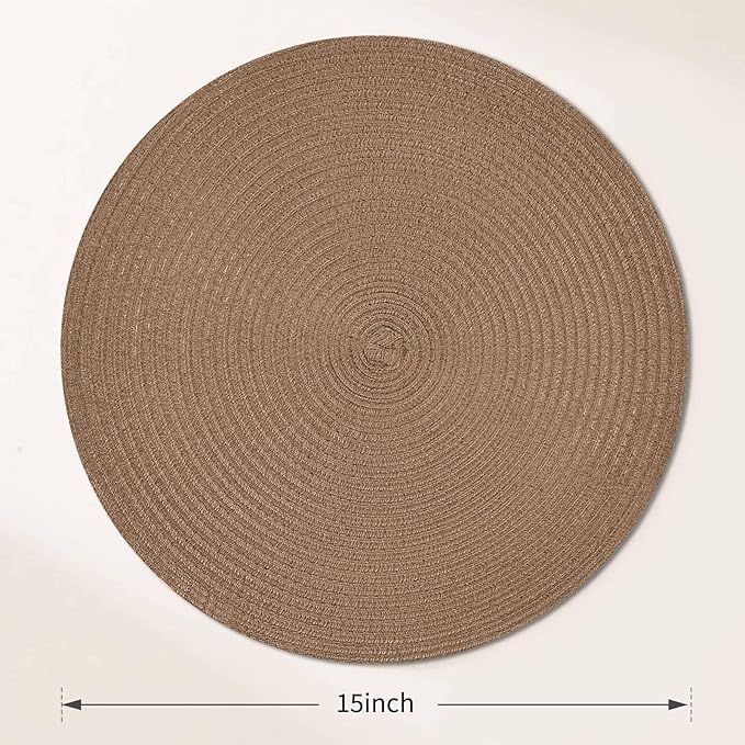 FunWheat Round Braided Placemats Set of 6 Place mats for Dining Tables Woven Heat Resistant Table Mats 15 inch (Brown,6pcs)