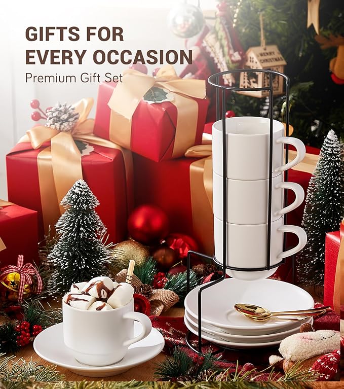 Lareina 8 Ounce Porcelain Cappuccino Cups Set of 4, Stackable Coffee Cups with Saucers, Spoons and Metal Stand -for Specialty Coffee Drinks, Cappuccino, Latte, Americano and Tea, White