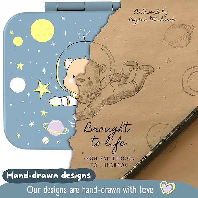 Kids Lunch Box with Compartments – Compact & Lightweight | Leak-Proof, BPA-Free, Dishwasher & Microwave Safe | Hand-Drawn Design for Preschool, School, Travel (Astro Bear Blue, 4 Cups)