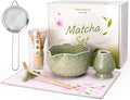 ALBISS Matcha Whisk Set - 7 Pcs Ceramic Matcha Kit with 18oz Spout Bowl & Cherry Blossom Design, Bamboo Whisk & Holder, Scoop, Rest, Sifter, Towel, Elegant Japanese Tea Gift Set for Macha Lover, Green