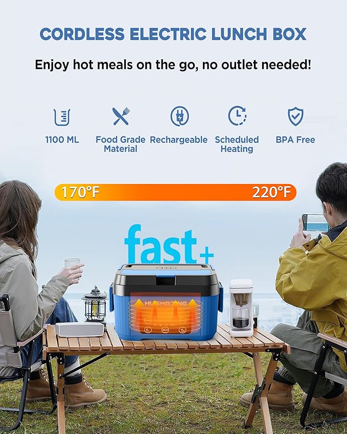 Cordless Electric Lunch Box – Rechargeable Self-Heating Food Warmer with 1100ML SS Container, Battery-Powered Heated Lunch Box, Perfect for Travel, Office Meals for Adults, Men & Women