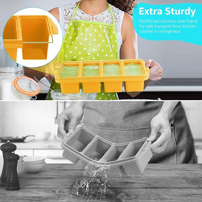 Silicone Freezer Tray With Lid - Silicone Freezer Food Molds- Large Ice Cube Tray,Silicone Freezer Container,Freeze & Store Soup, Sauce, Broth,Leftovers - Makes 4 Perfect 1 Cup
