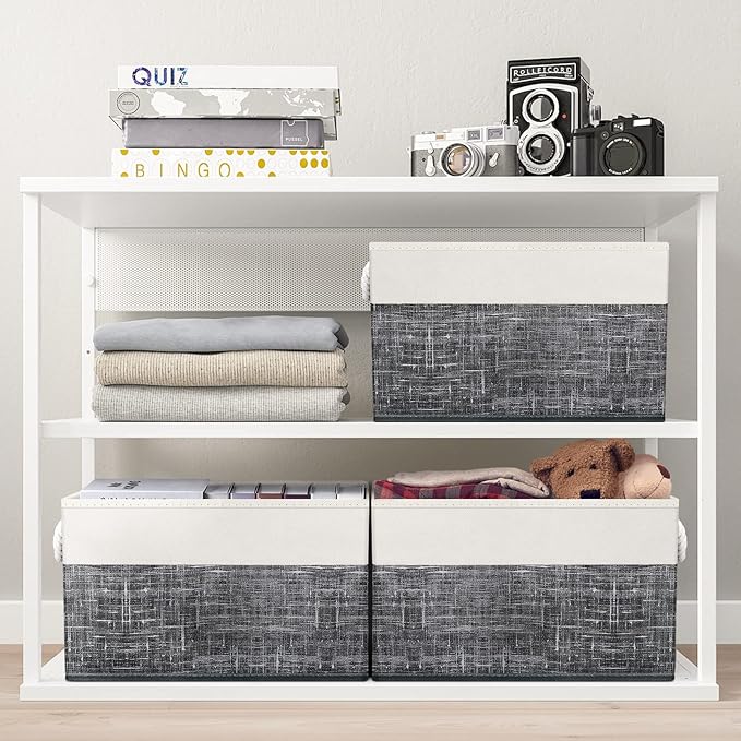 Fab totes Storage Bins [8-Pack], Foldable Storage Baskets for Organizing Toys, Books, Shelves, Closet, Large Storage Box with Rope Handles, Sturdy Organizer Bins, White & Black