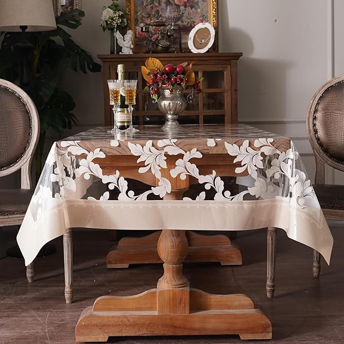 Waterproof Clear Table Cover Protector Vinyl Rectangle Table Cloth Oil Spill Proof Wipe Clean Plastic Tablecloths for Dining Tables (Scroll Grass, 60 x 84 Inches)