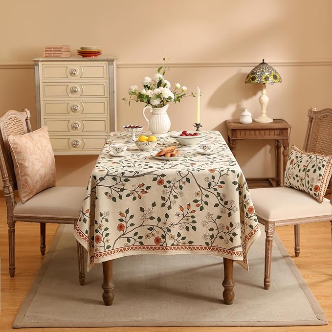 ISAENNE Designer Floral Long Rectangular Tablecloth,French Linen Light Beige Indoor Table Cloth,Fall Wrinkle Resistant Decor Tablecloths for Dining Thanksgiving Kitchen Party,63"*94"-Flora A