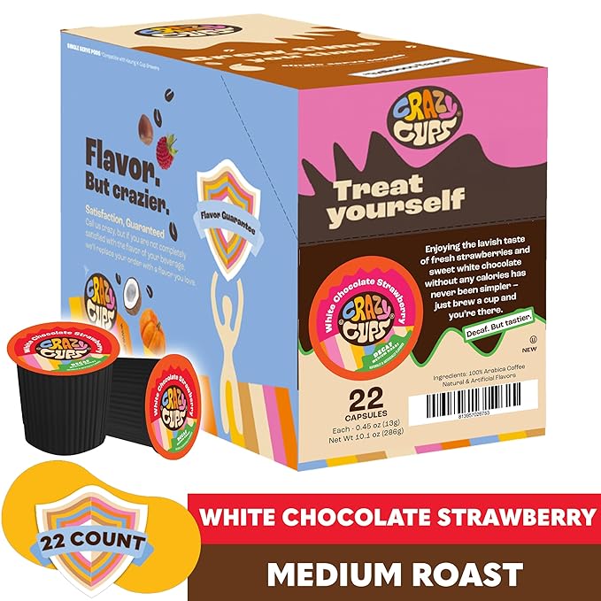 Crazy Cups Decaf Flavored Coffee Pods, Decaffeinated White Chocolate Straberry Flavored Coffee, Single Serve Hot or Iced Medium Roast Coffee for Keurig K Cups Machines, 22 Count