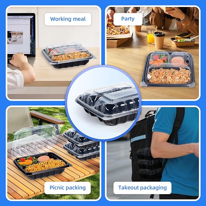 YANGRUI Food Containers 9.5" 38 oz 45 Pack - Anti Fog Lid Shrink Wrap Commercial PP BPA Free Takeout Box | Reusable & Disposable, Freezer & Microwave Safe | Restaurant 3 Compartment Plastic Container