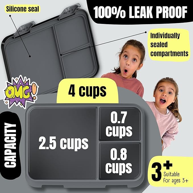 BEARFOOT Bento Box Compact, BPA-Free Children's Lunch Box for School & Nursery, Leak-Proof Lunch Box for Girls and Boys, Practical, Lightweight and Compact (Game Black, 4 Cups)