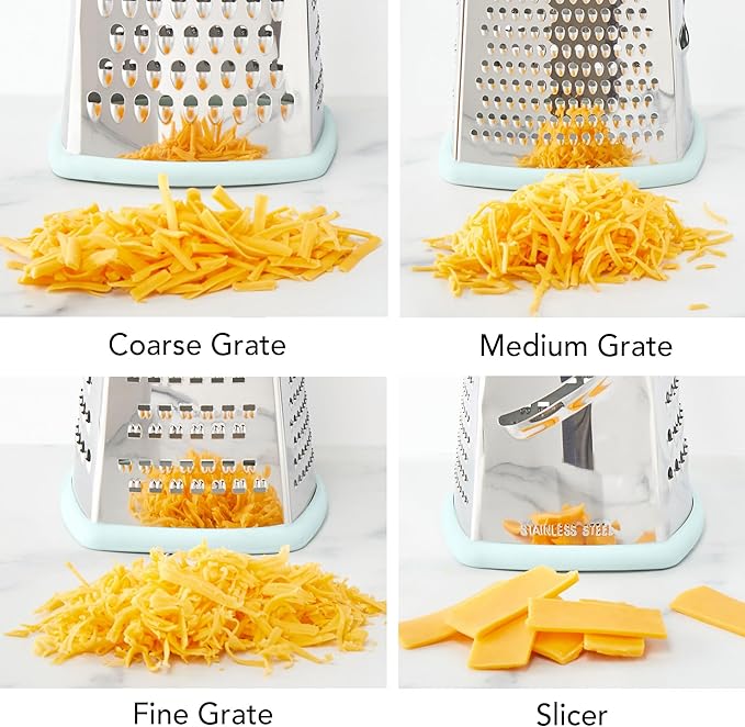 Tovolo Elements 4-Sided Box Grater - Stainless Steel Cheese Shredder with Coarse Medium Fine Slice Sides, Comfortable Handle & Stable Base for Kitchen Prep, Large, Blue Haze