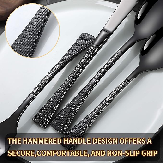 Lemeya Hammered Black Silverware Set,20 Piece Modern Flatware Set Service for 4,Mirror Polished Stainless Steel Cutlery Set Utensil Set Tableware Set,Kitchen Knives Forks Spoons Set,Dishwasher Safe