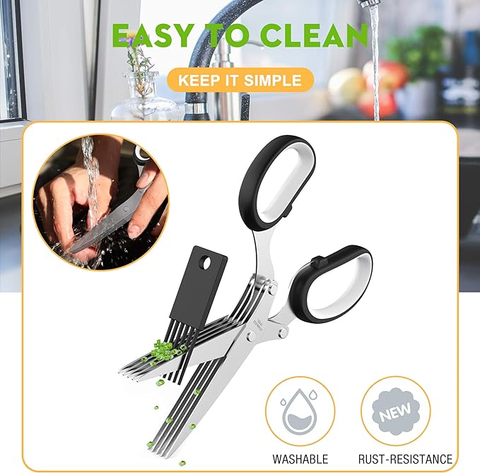 Herb Scissors Set - Updated 2025 Cool Kitchen Gadgets for Cutting Fresh Garden Herbs - Herb Cutter Shears with 5 Blades and Cover, Sharp and Anti-rust Stainless Steel, Dishwasher Safe (Black-White)