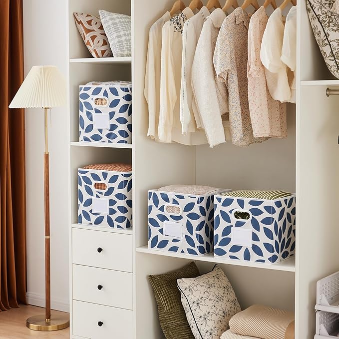 MAX Houser 6 Pack Foldable Fabric Storage Bins with Handles - Ideal for Closet Organization, Bedroom and Nursery（Blue, 12"x12"x12"）