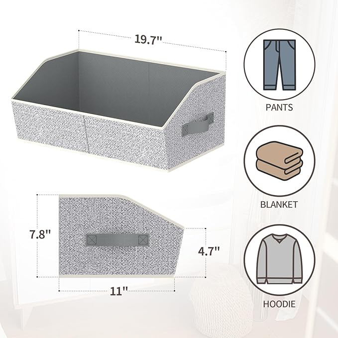Storage Bins for Shelves - Large Trapezoid Closet Shelf Organizer, Fabric Organization Bins with Handles, Storage Baskets for Clothes, Towel, Purse, 4 Pack, Light Gray