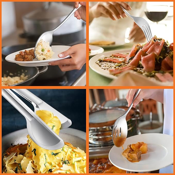 12-Piece Large Serving Utensils Set, E-far Stainless Steel 9.8 Inch Serving Slotted Spoons, 9.9 Inch Fork, 9.4 Inch Tong for Buffet Catering Banquet, Mirror Finish & Dishwasher Safe