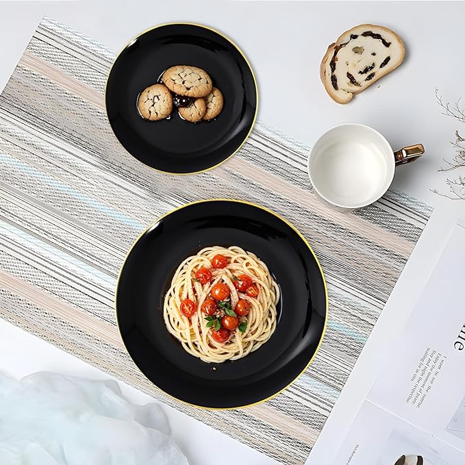 KIRE 100PCS Black and Gold Plates - Black Plastic Plates Disposable with Gold Rim for Halloween Party/Wedding/Birthday Include 50Pcs 10.25inch for Dinner and 50Pcs 7.5inch for Dessert/Salad