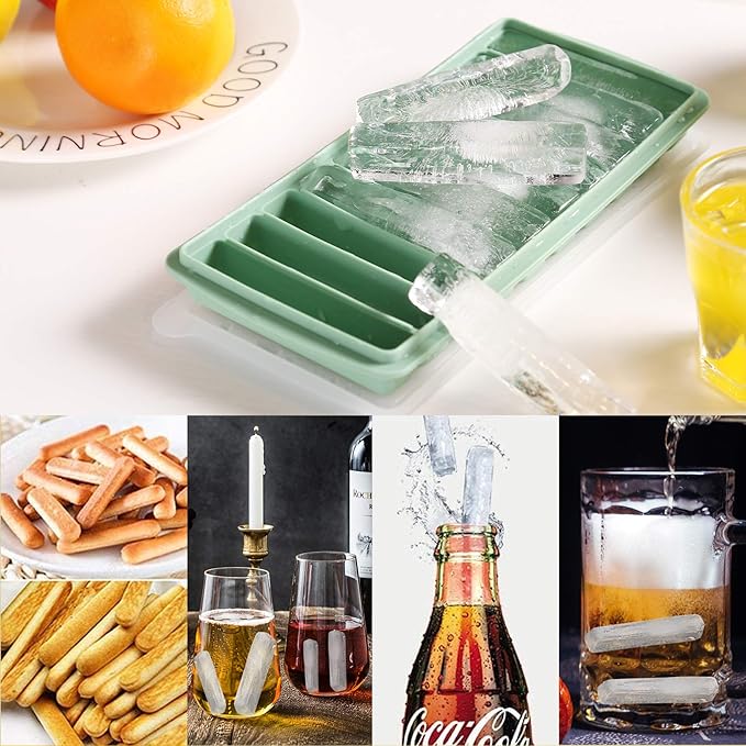 LessMo 2 PCS Ice Cube Tray, Long Ice Stick Tray Silicone with Lid, Rectangular Narrow Stick, Reusable, Flexible, Easy Release, for Small Mouth Sport Bottles, Juice Bottles, Cocktail Parties, Blue