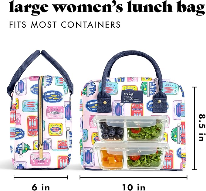 Fit & Fresh Bloomington Lunch Bag for Women - Insulated Large Lunch Box for Work with Containers, Leak-Resistant, Stain-Resistant, Zipper Closure, Multicolored Sardines
