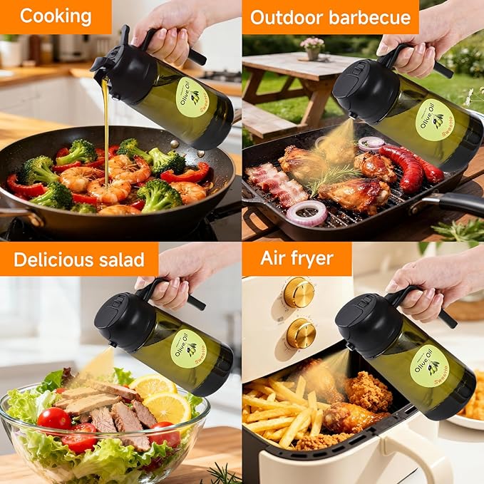 Oil Sprayer for Cooking,470ml Cooking Olive Oil Sprayer and Oil Dispenser 2 In 1, Food-grade Glass Oil Spray Bottle Mister for Air Fryer, BBQ, Griddle (Black+dark green glass and color label)