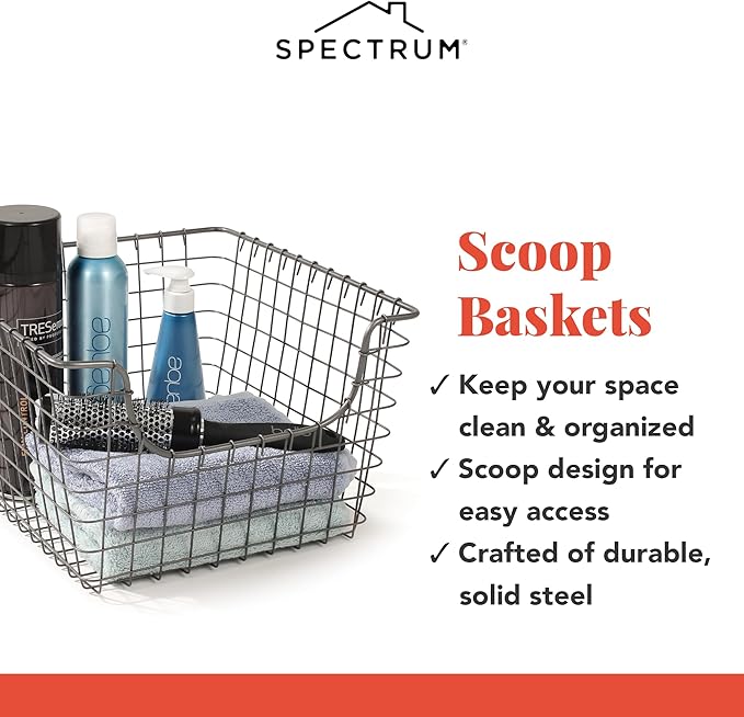 Spectrum Wire Basket for Organizing (Medium, Industrial Gray) - Sturdy Scoop Pantry Basket Storage - Wire Storage Basket Organizer for Kitchen, Shelf, Closet, Bathroom, Garage & More