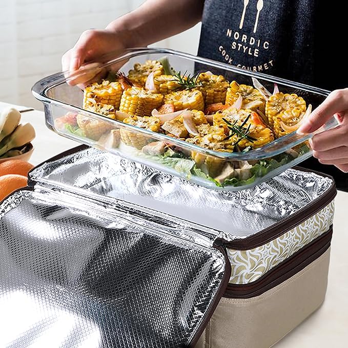 MIER Insulated Double Casserole Carrier Bag Thermal Lunch Tote for Lasagna Lugger, Potluck Parties, Picnic, Beach, Fits 9 x 13 Inches Baking Dish, Casserole Dish, Expandable by Mid Zipper, Khaki